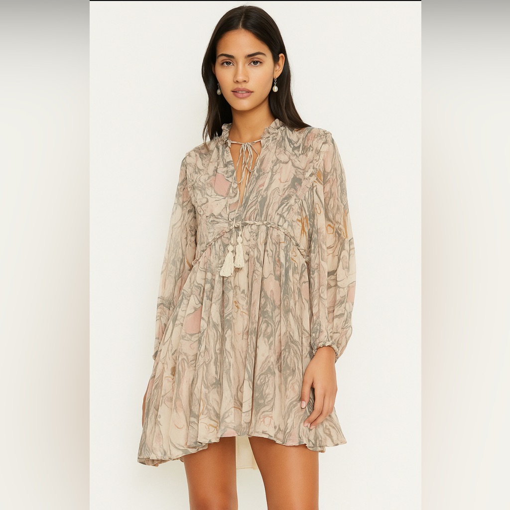 Karlie Cream And Gray Long Sleeve Dress
